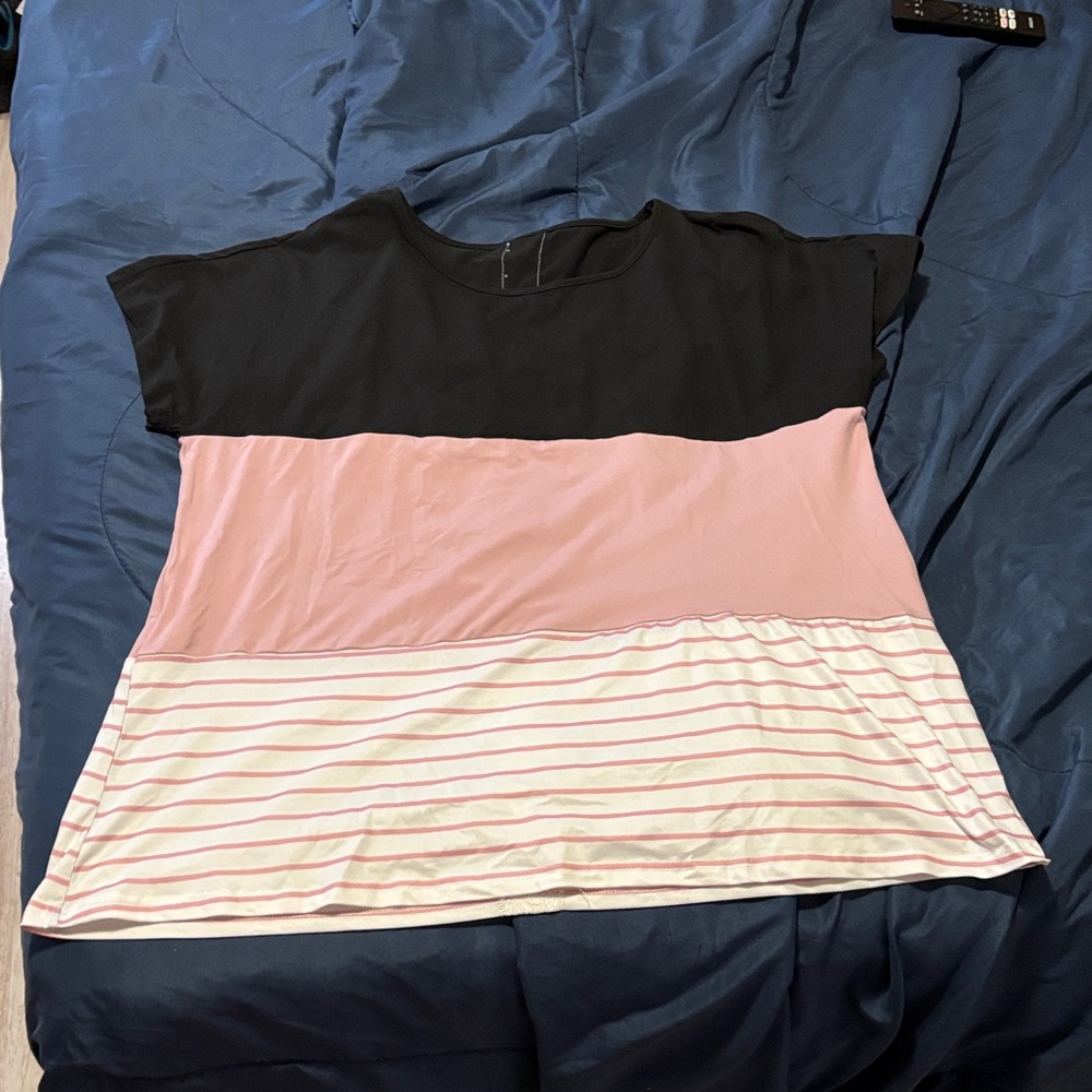 SHEIN Color Block Tee - Black, Pink, and White Stripes